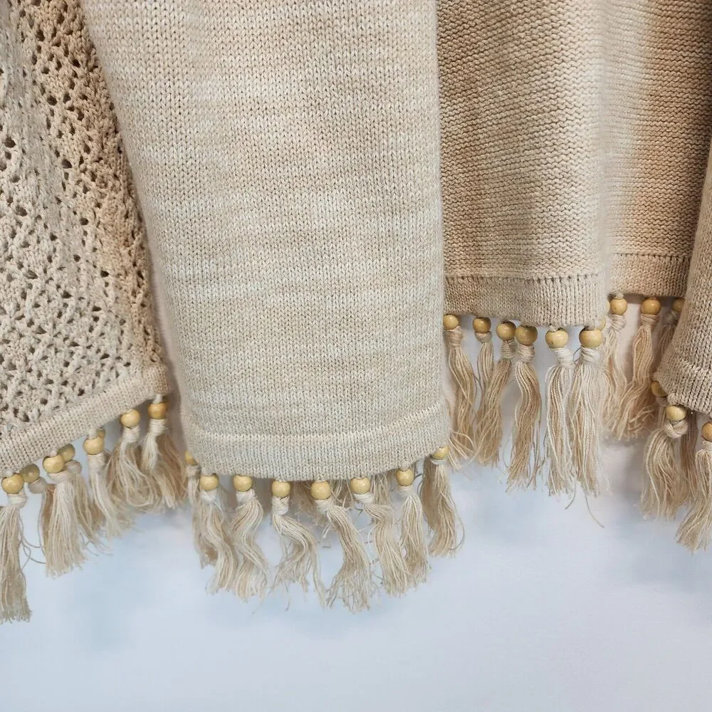 Storybook Knits Cardigan Sweater Size M Beige Crochet Fringe Granny Vintage